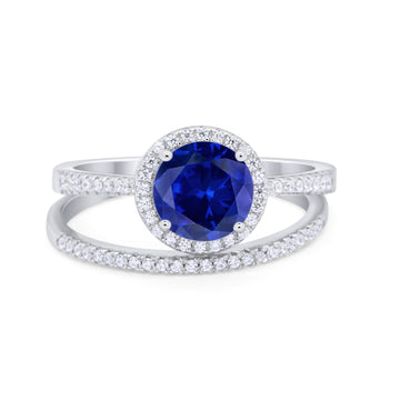 Two Piece Bridal Wedding Ring Simulated Blue Sapphire CZ 925 Sterling Silver